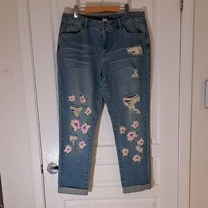 136 - VENUS Distressed Blue Boyfriend Jeans with Pink Floral Accents